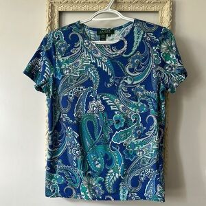 RALPH LAUREN | Blue and Green Paisley Cotton Short Sleeve Top